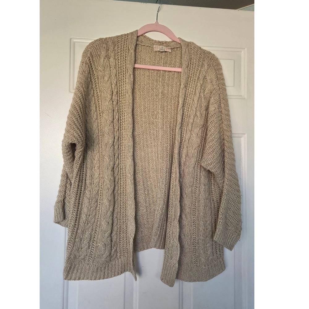 Pink Republic Womens Large Oatmeal Beige Cable Knit Open Front Cardigan Sweater
